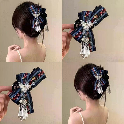 Chinese embroidered bow hair claw clip worn in bun hairstyle - multiple angles