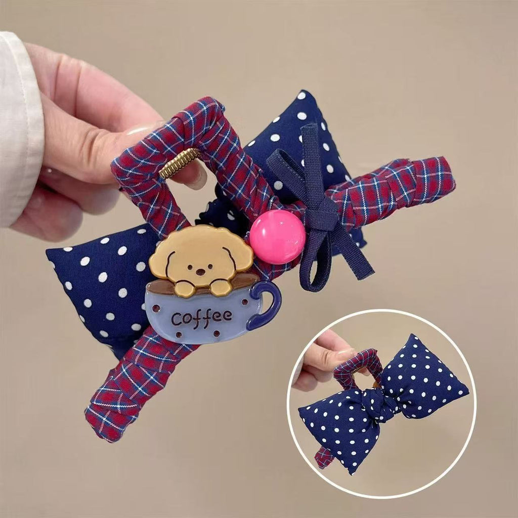 Coffee dog bow hair claw clip - brown and beige with inset