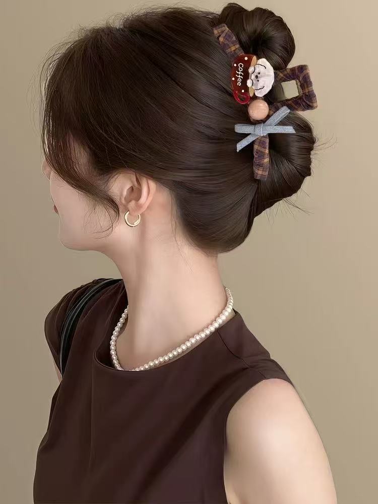 Coffee dog bow hair claw clip - brown and beige colorway