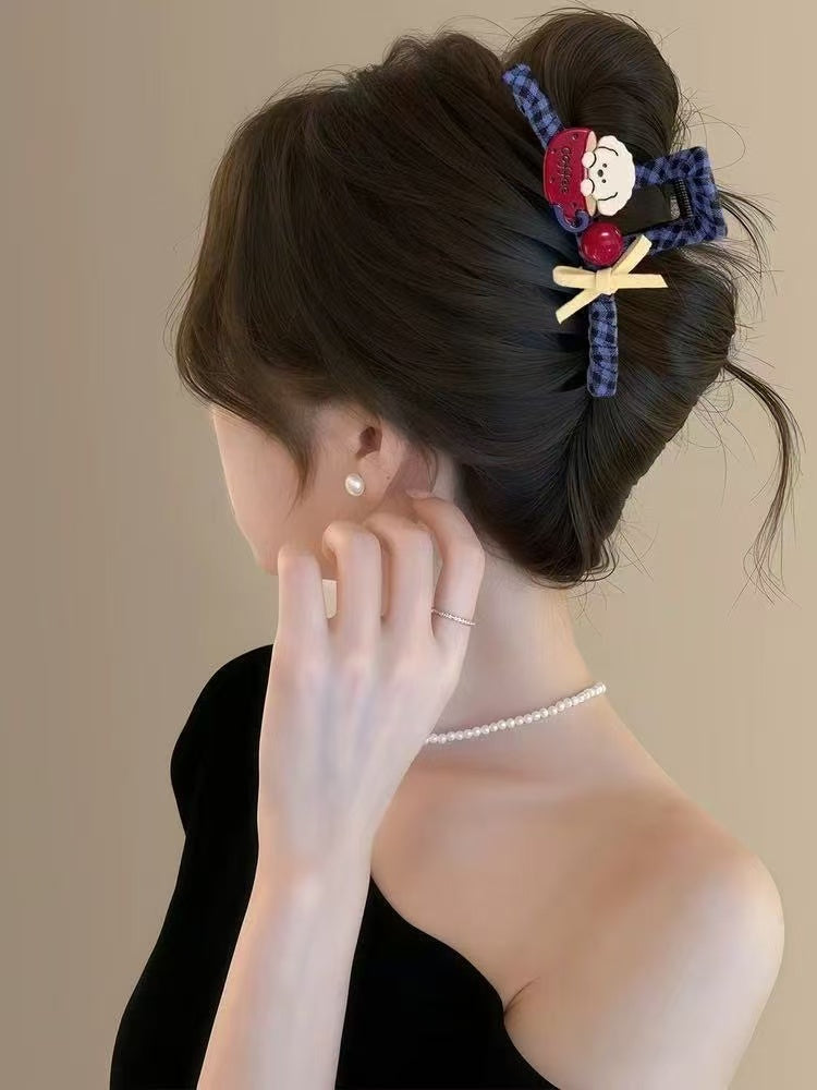 Coffee dog bow hair claw clip - red and navy colorway