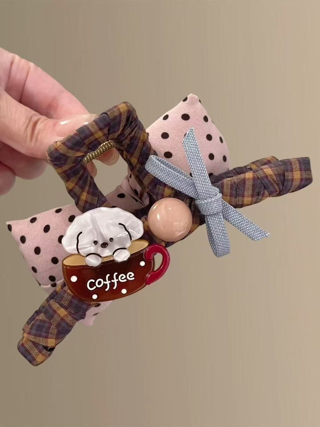 Coffee dog bow hair claw clip - red and navy with inset