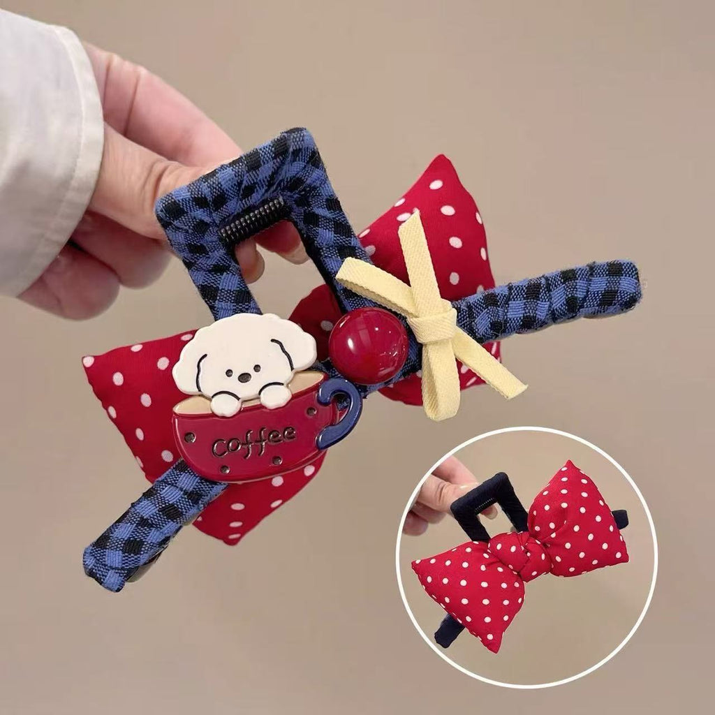 Coffee dog bow hair claw clip - navy and dark red colorway